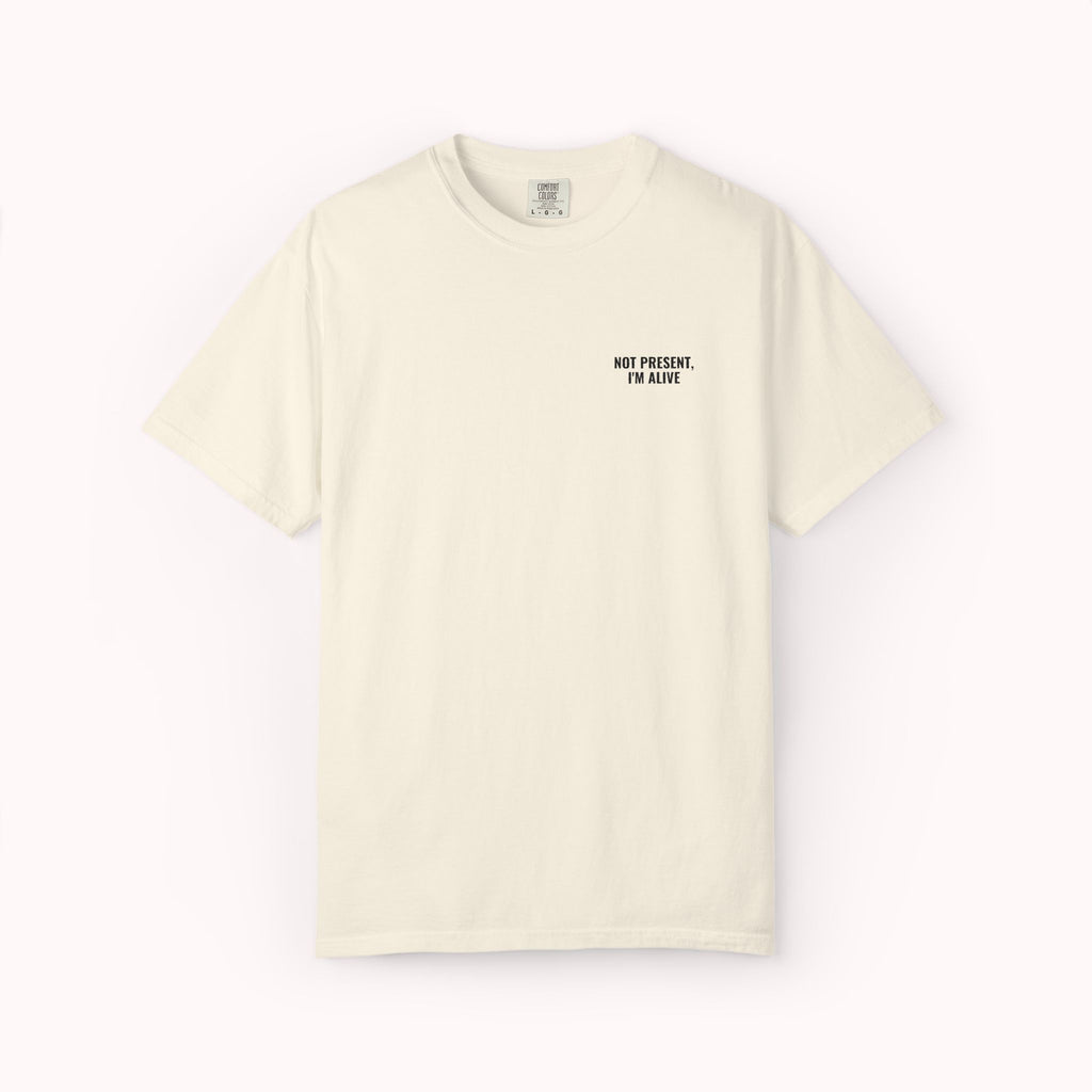 Beige t-shirt with text on a white background