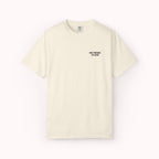 Beige t-shirt with text on a white background