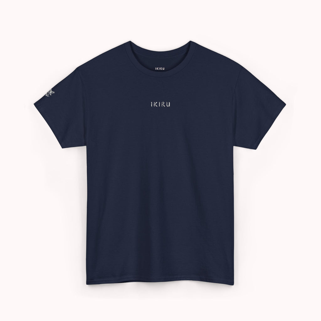 Navy blue t-shirt with 'IKIRU' logo on a white background