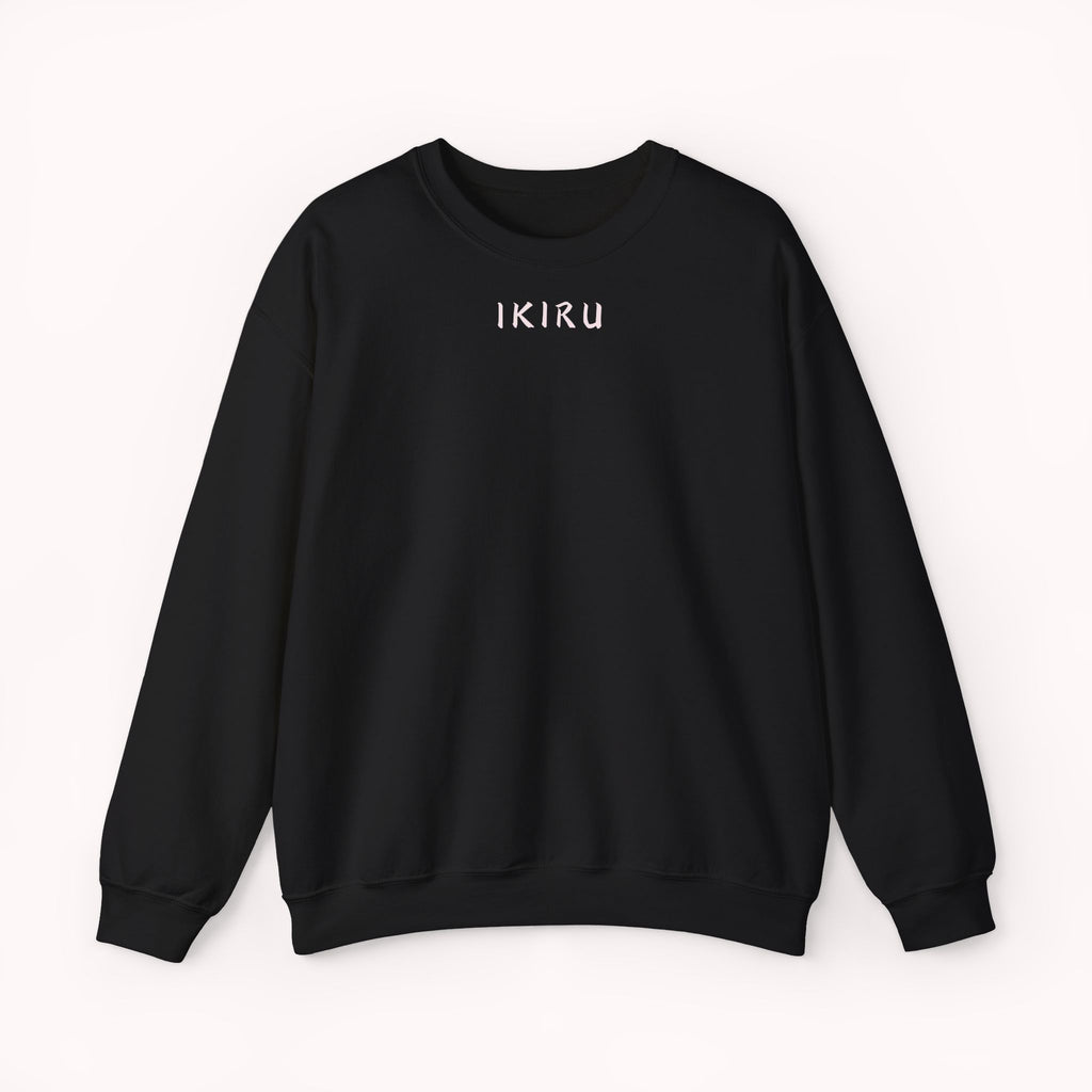 Black sweatshirt with 'IKIRU' text on a white background