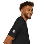 Man wearing a black t-shirt with colorful logo on a white background