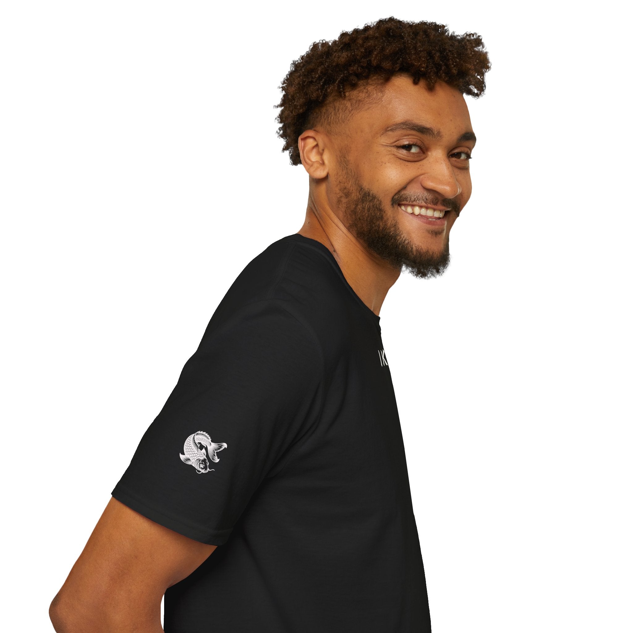 Man wearing a black t-shirt with colorful logo on a white background