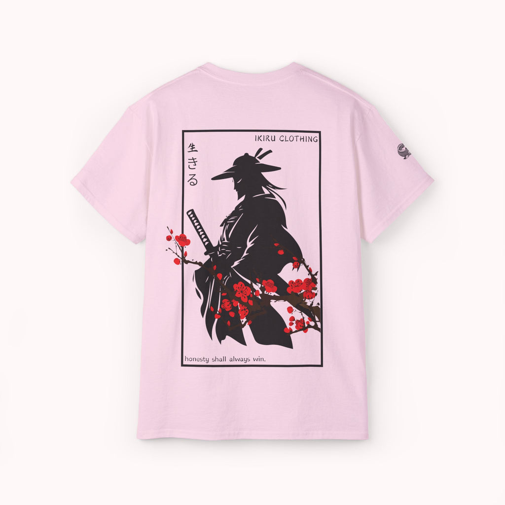 Pink t-shirt with a japanese samurai and blossom graphic design from 'IKIRU CLOTHING' on a white background