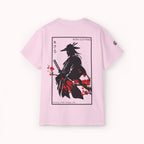 Pink t-shirt with a japanese samurai and blossom graphic design from 'IKIRU CLOTHING' on a white background
