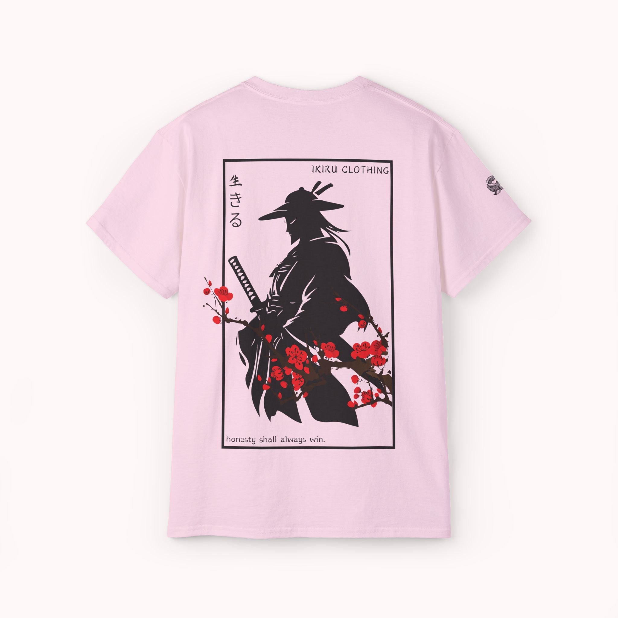 Pink t-shirt with a japanese samurai and blossom graphic design from 'IKIRU CLOTHING' on a white background