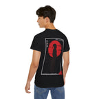 Person wearing a black t-shirt with a Japenese samurai and sun on the back from 'IKIRU CLOTHING' on a white background