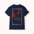 Navy t-shirt with a Japanese bridge and blossom graphic art from 'IKIRU CLOTHING' on a white background