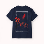 Navy t-shirt with a Japanese bridge and blossom graphic art from 'IKIRU CLOTHING' on a white background