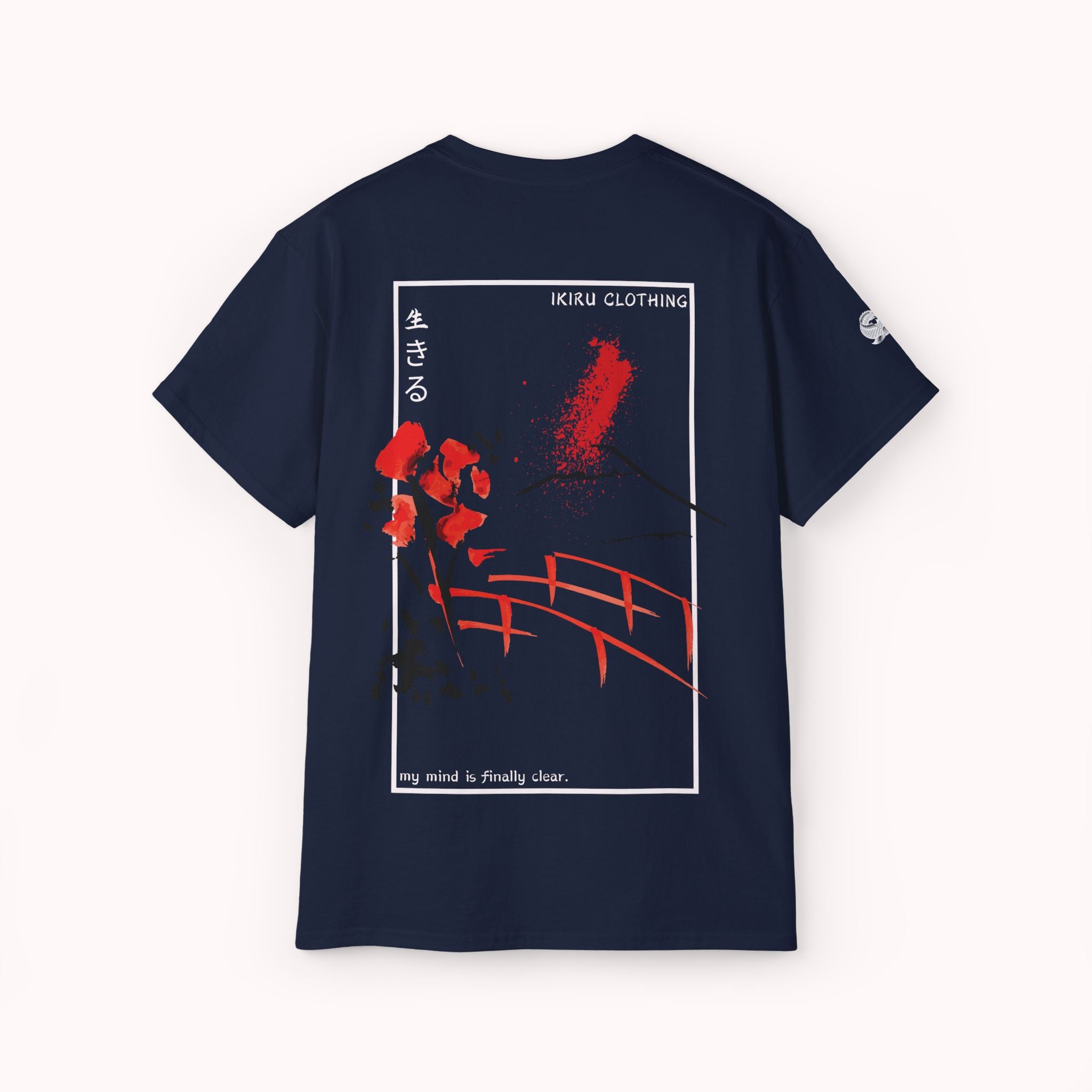 Navy t-shirt with a Japanese bridge and blossom graphic art from 'IKIRU CLOTHING' on a white background