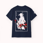 Navy t-shirt with a japanese samurai and blossom graphic design from 'IKIRU CLOTHING' on a white background