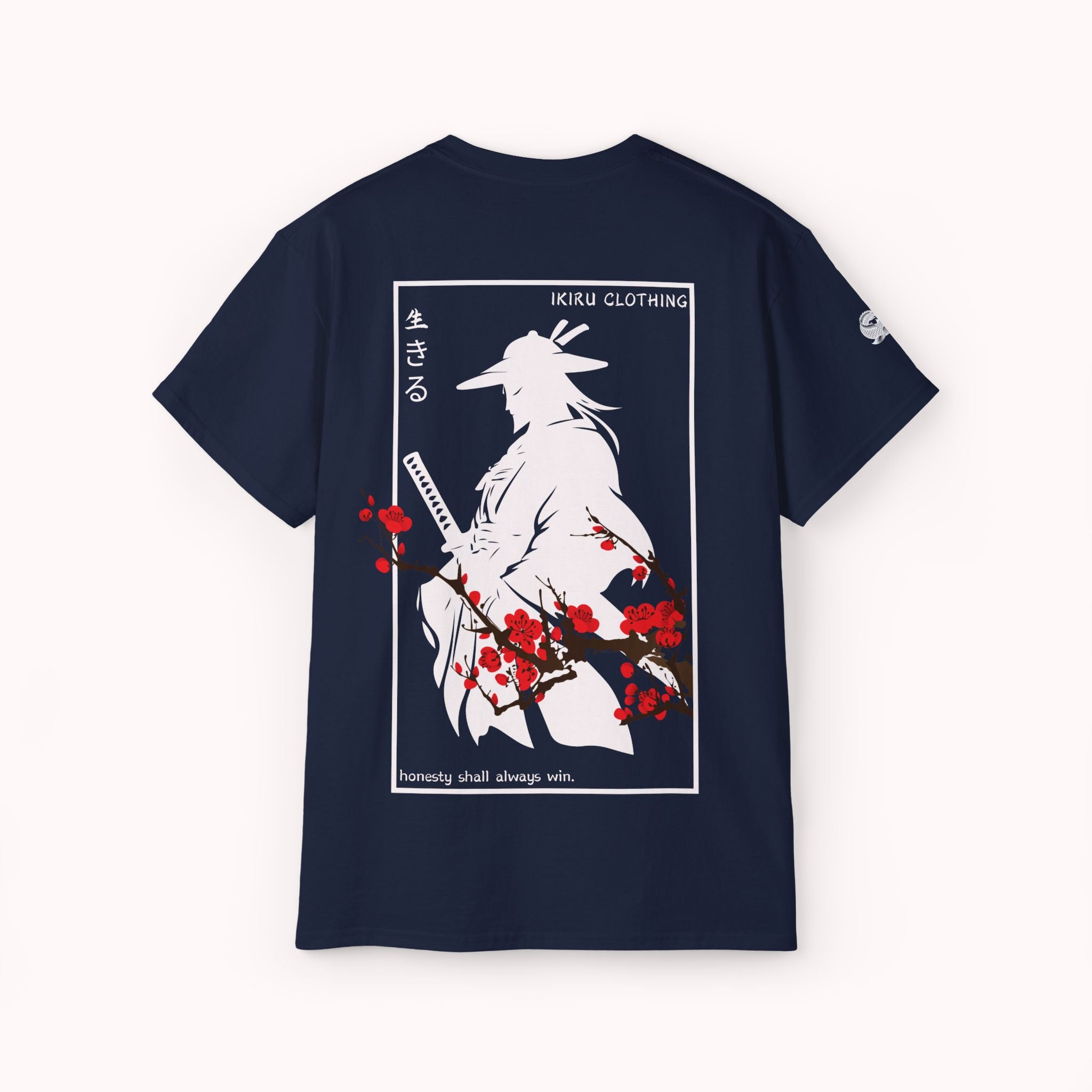 Navy t-shirt with a japanese samurai and blossom graphic design from 'IKIRU CLOTHING' on a white background
