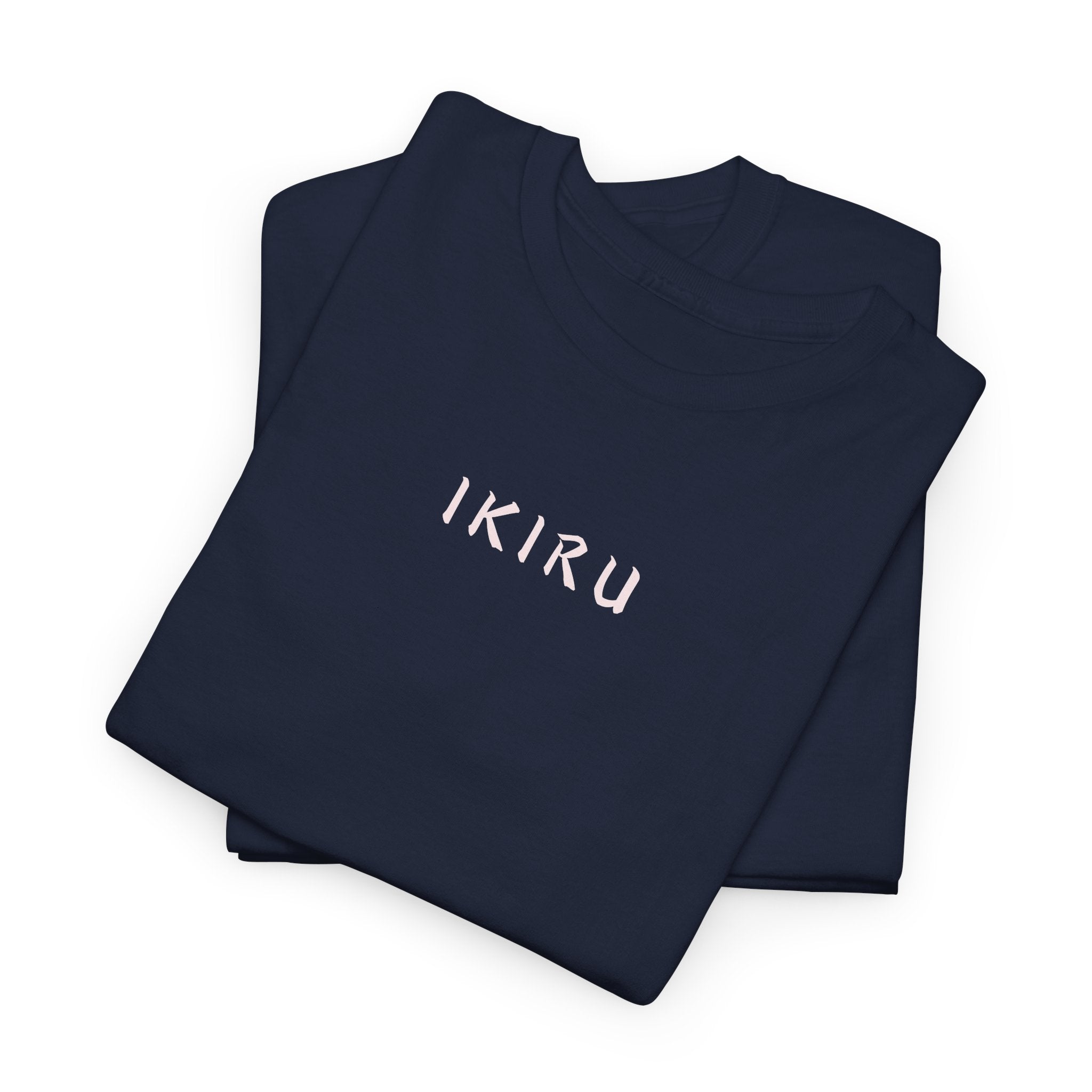 Stack of folded Navy t-shirts with 'IKIRU' text on a white background