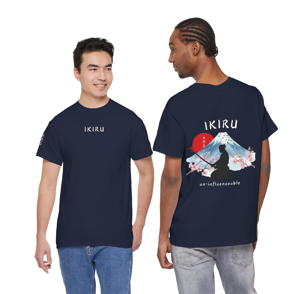 Two people wearing navy blue t-shirts with IKIRU logo and design.