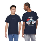 Two people wearing navy blue t-shirts with IKIRU logo and design.