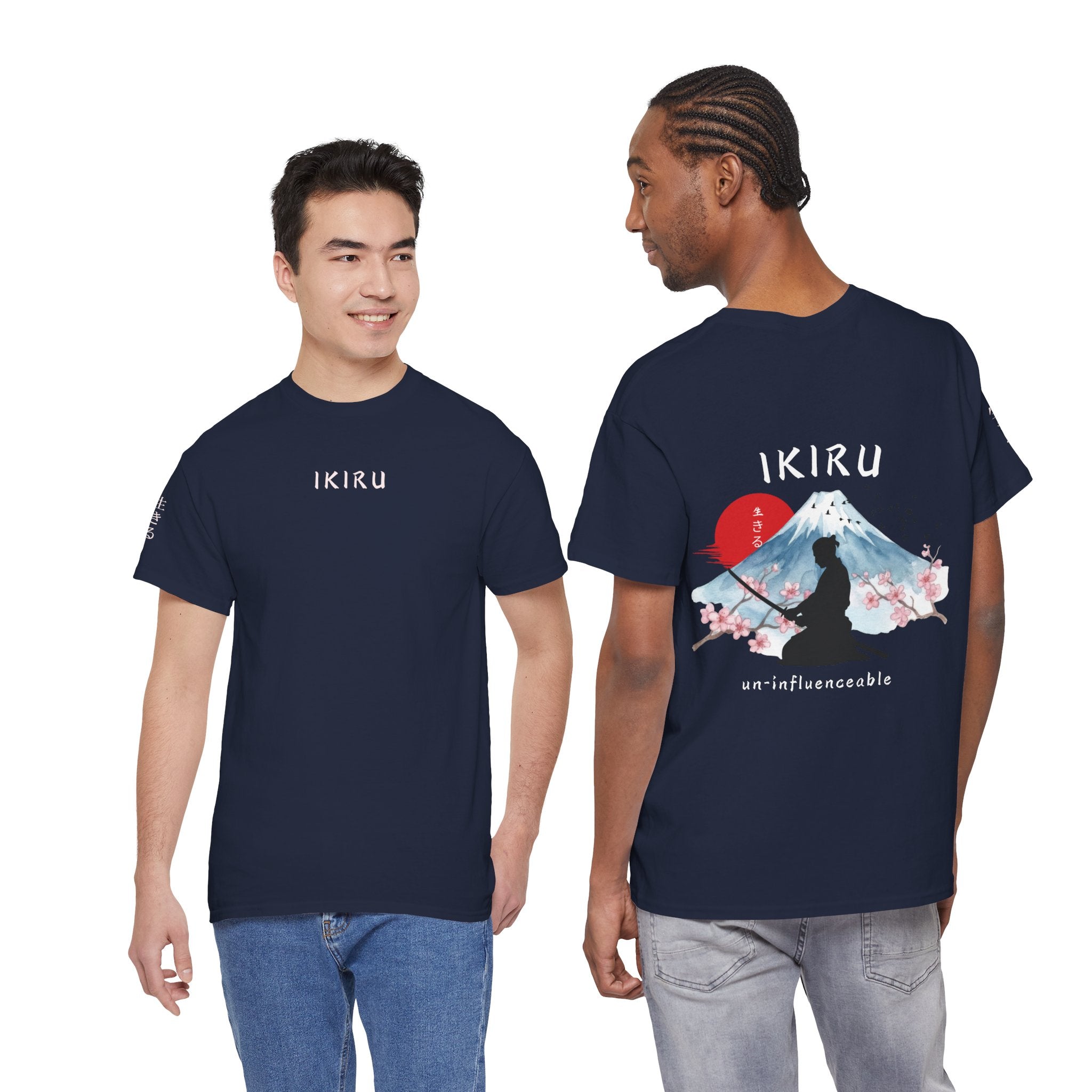 Two people wearing navy blue t-shirts with IKIRU logo and design.
