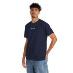 Man wearing a navy blue t-shirt with an IKIRU logo on a white background