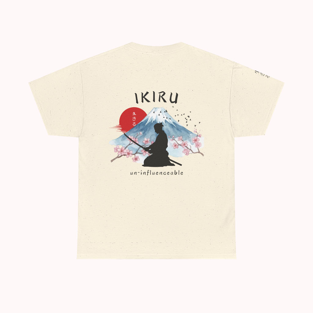 Beige t-shirt with Japanese mountain, samurai, blossom and IKIRU on the back on a white background