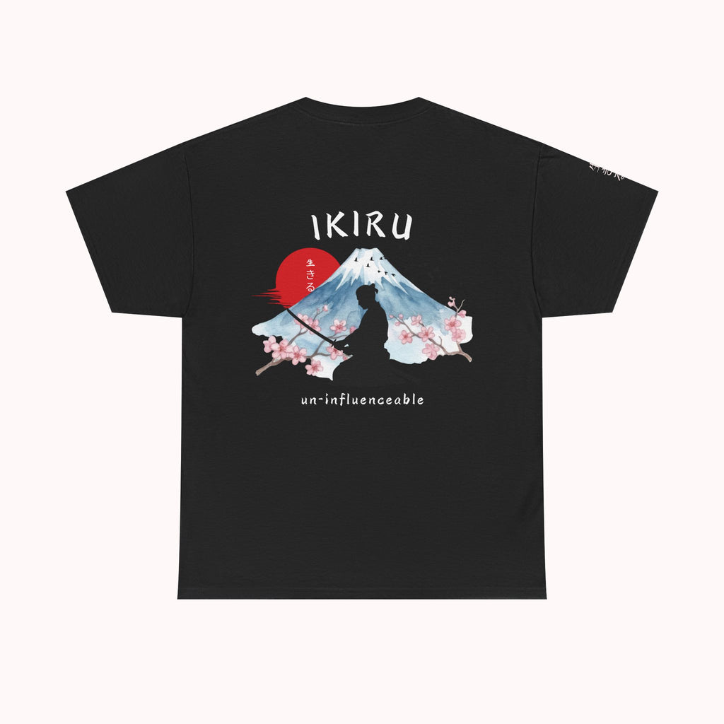 Black t-shirt with Japanese mountain, samurai, blossom and IKIRU on the back on a white background