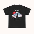 Black t-shirt with Japanese mountain, samurai, blossom and IKIRU on the back on a white background