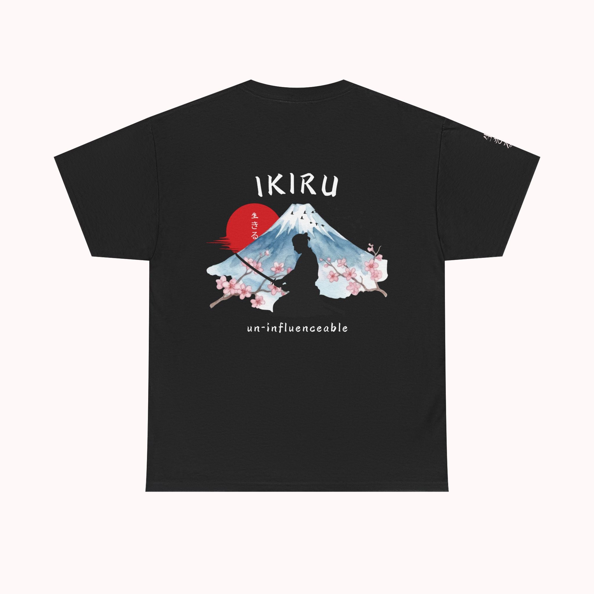 Black t-shirt with Japanese mountain, samurai, blossom and IKIRU on the back on a white background