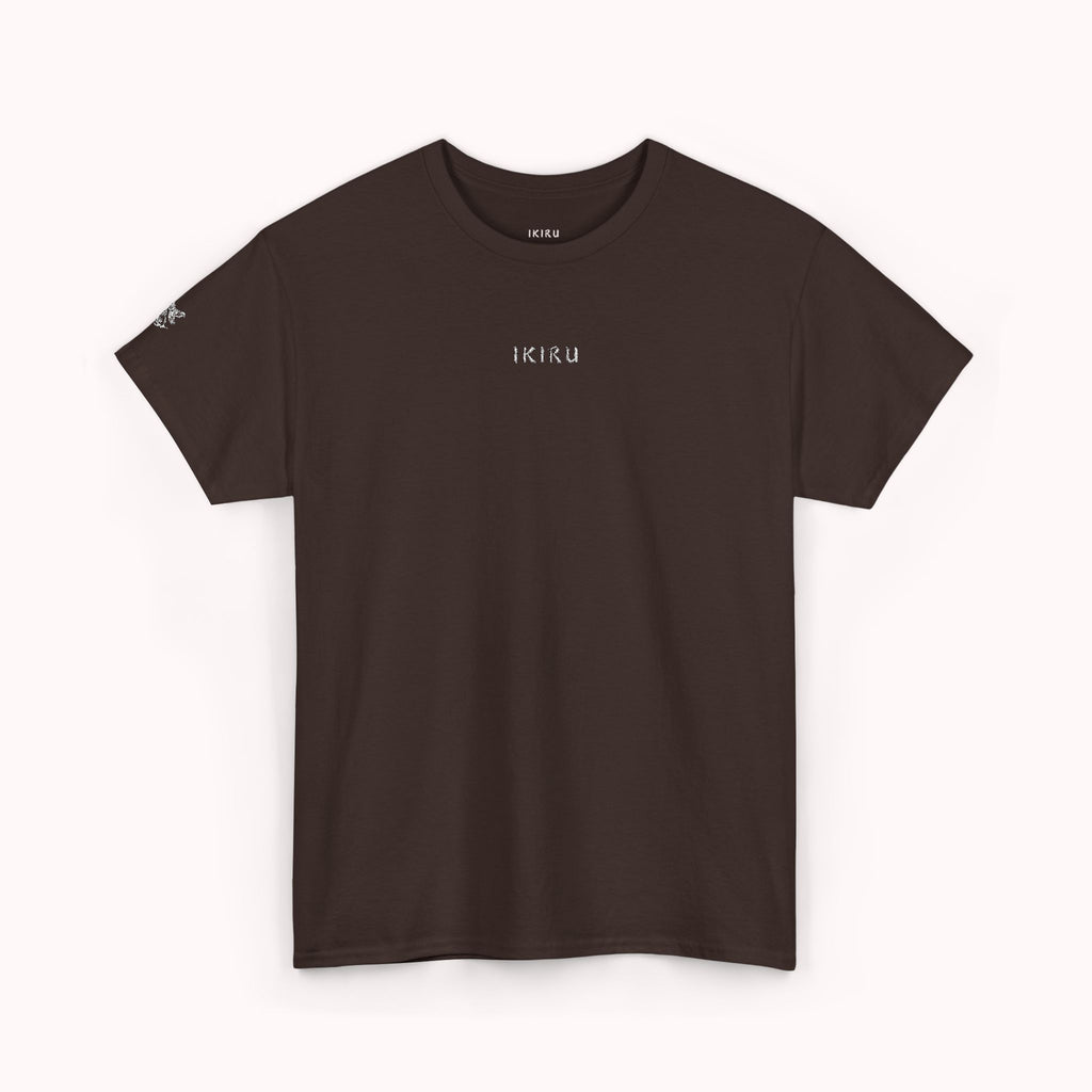 Brown t-shirt with 'IKIRU' logo on a white background