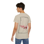 Person wearing a beige t-shirt with cherry blossom design and 'IKIRU CLOTHING' branding on a white background