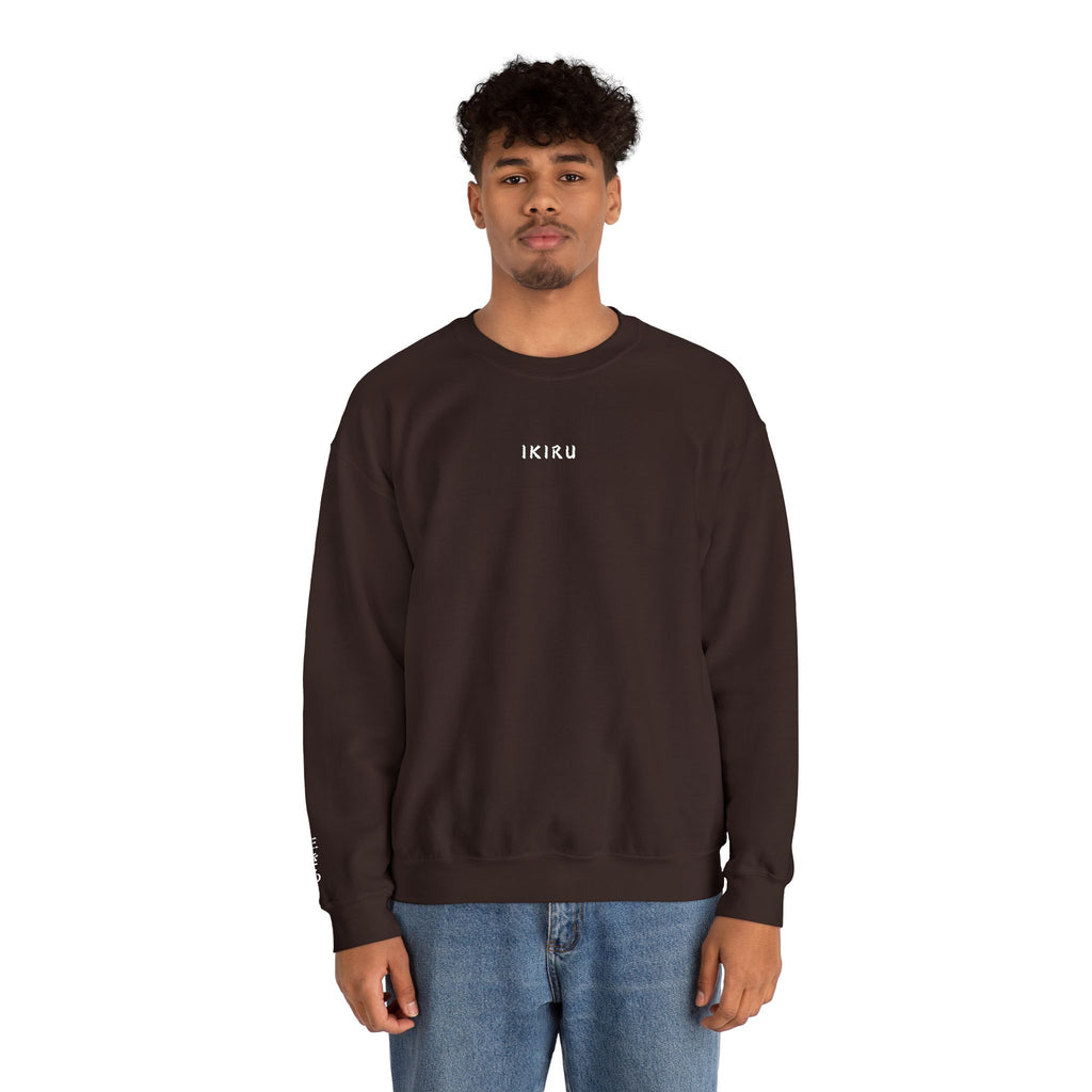 Man wearing a brown sweatshirt with IKIRU logo on a white background