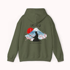 Green hoodie with 'IKIRU' and mountain, samurai, and blossom tree design on the back saying 'un-influenceable' against a white background