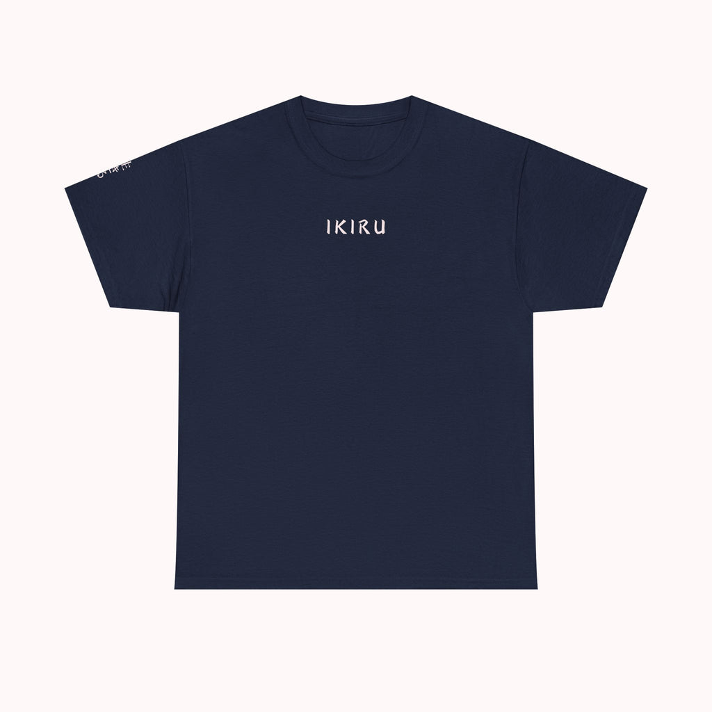 Navy blue t-shirt with 'IKIRU' text on a white background