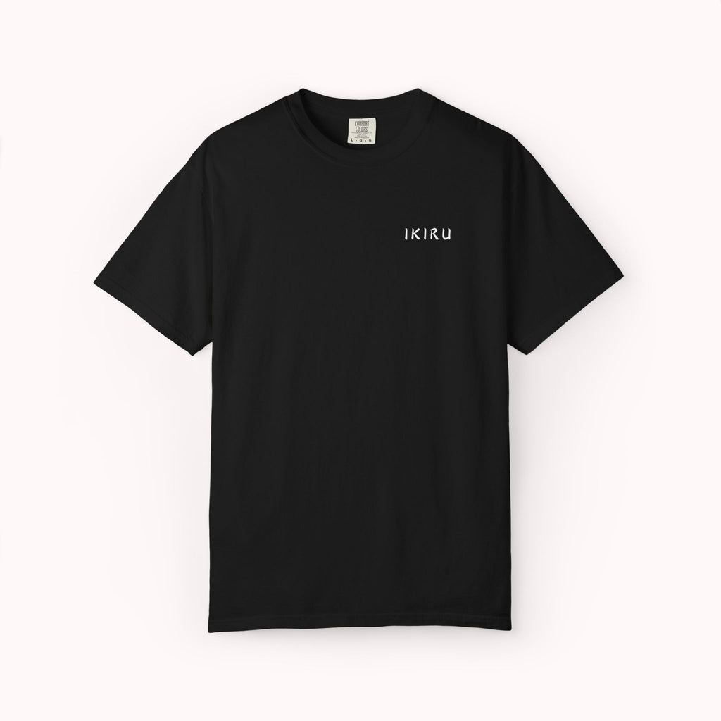 Black t-shirt with a white logo on a white background