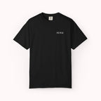 Black t-shirt with a white logo on a white background