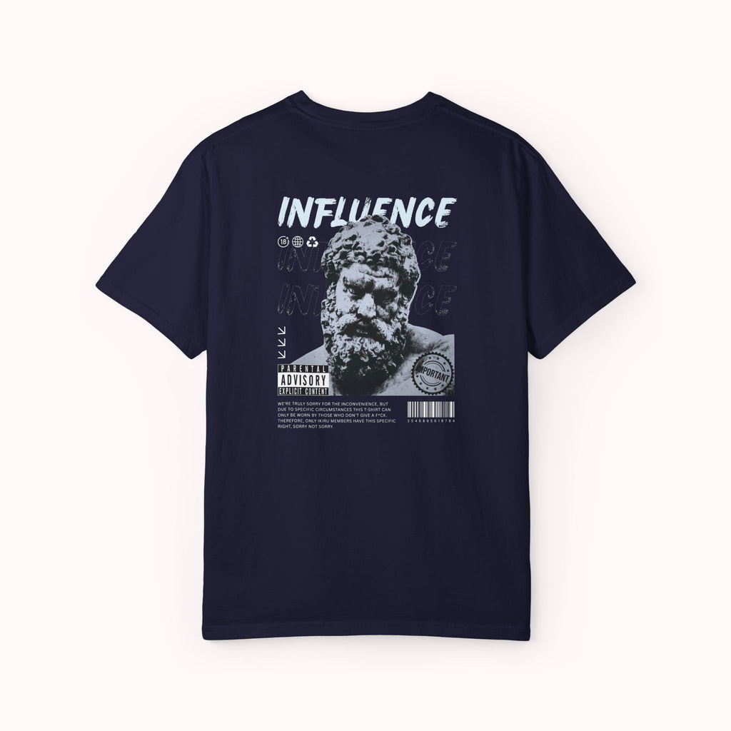 Navy blue t-shirt with 'INFLUENCE' graphic on the back against a white background
