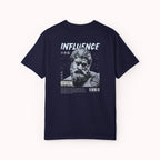 Navy blue t-shirt with 'INFLUENCE' graphic on the back against a white background
