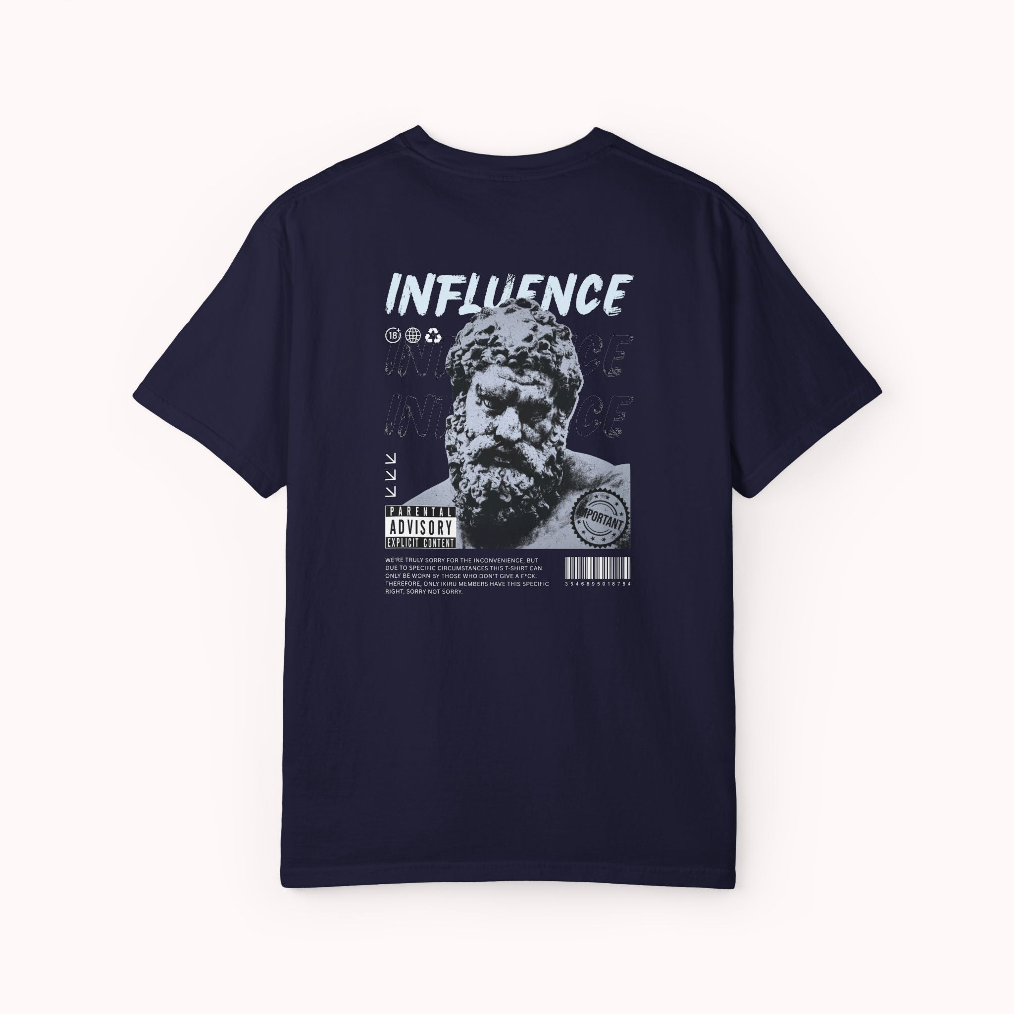 Navy blue t-shirt with 'INFLUENCE' graphic on the back against a white background