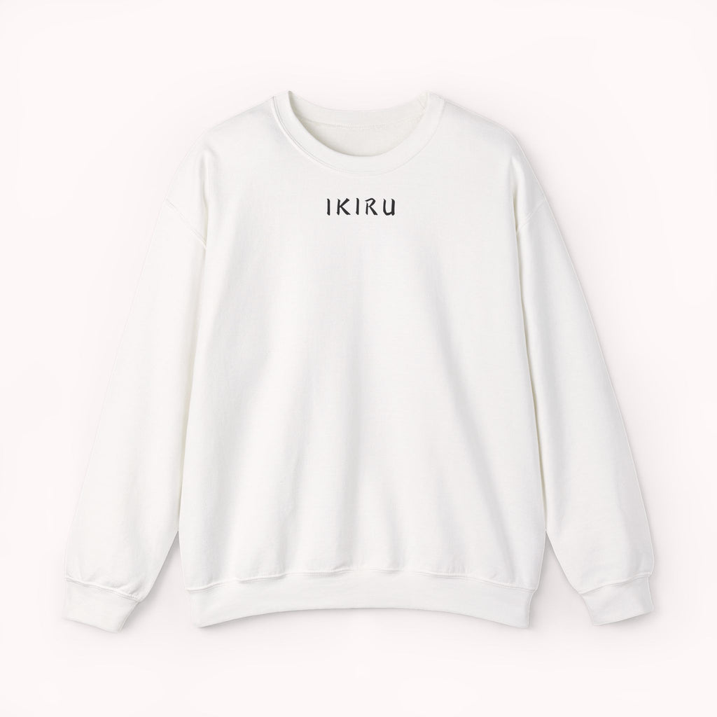 White sweater with a small ikiru logo on a white background