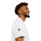 Person wearing a white t-shirt with IKIRU logo on a white background