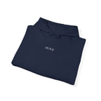 Folded navy hoodie with 'IKIRU' text on a white background