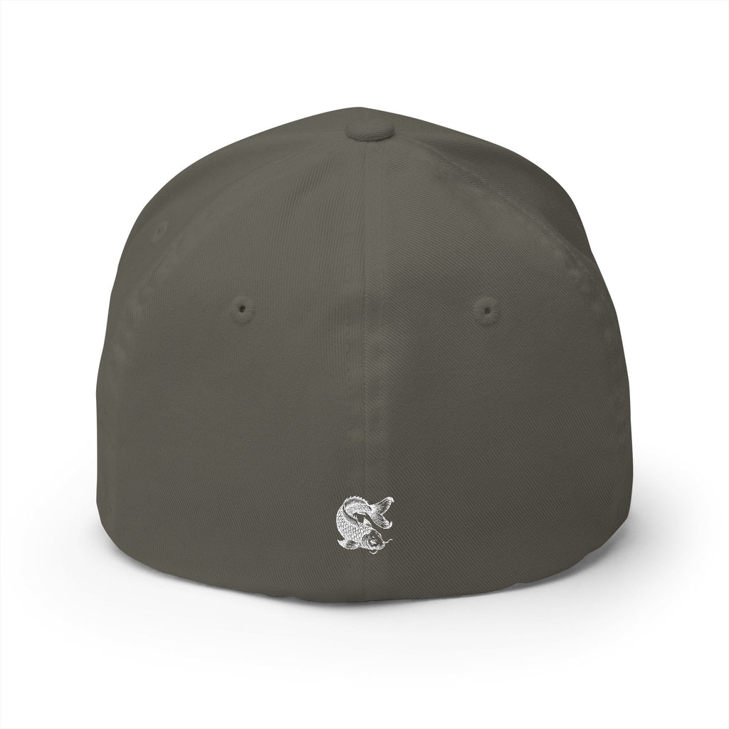 Grey closed cap with a logo on a white background