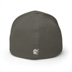Grey closed cap with a logo on a white background