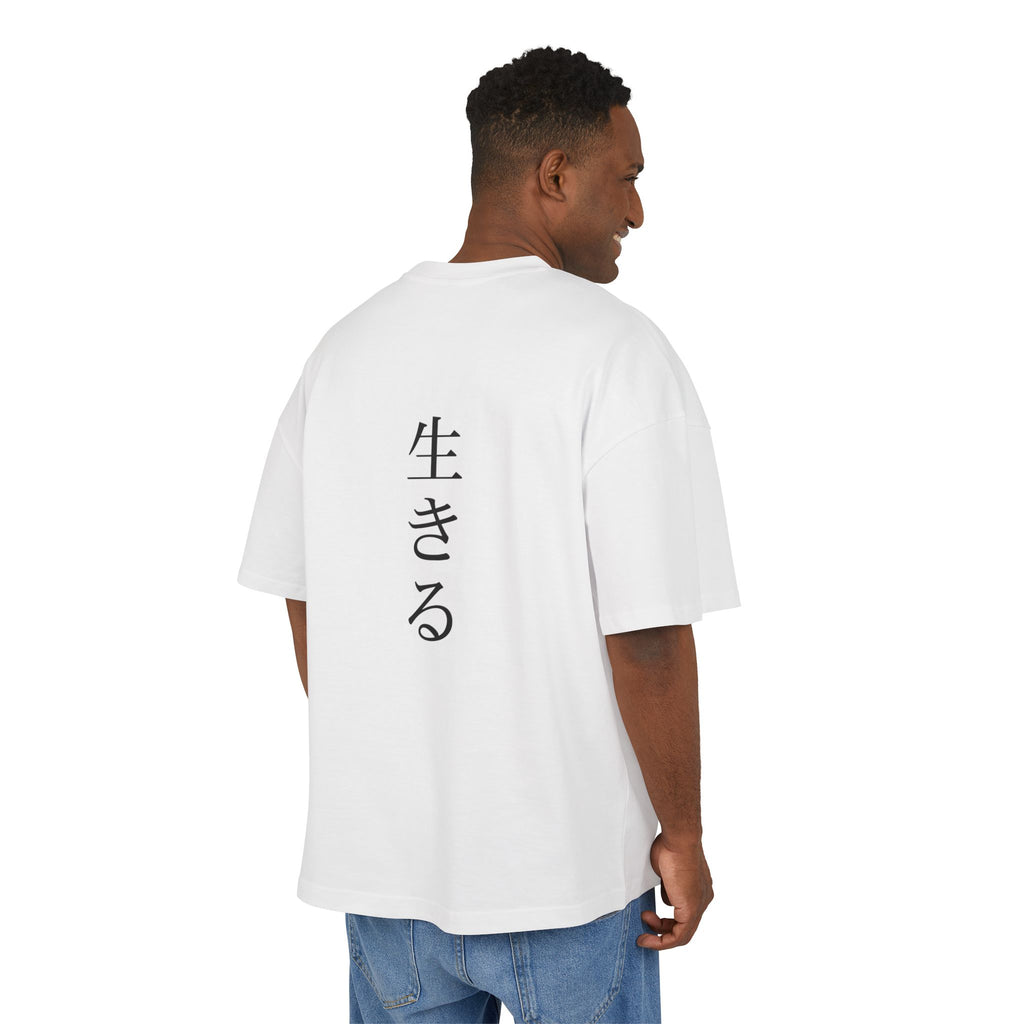 Man wearing a white t-shirt with black text on the back, standing against a white background
