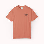 Coral t-shirt with text on a white background