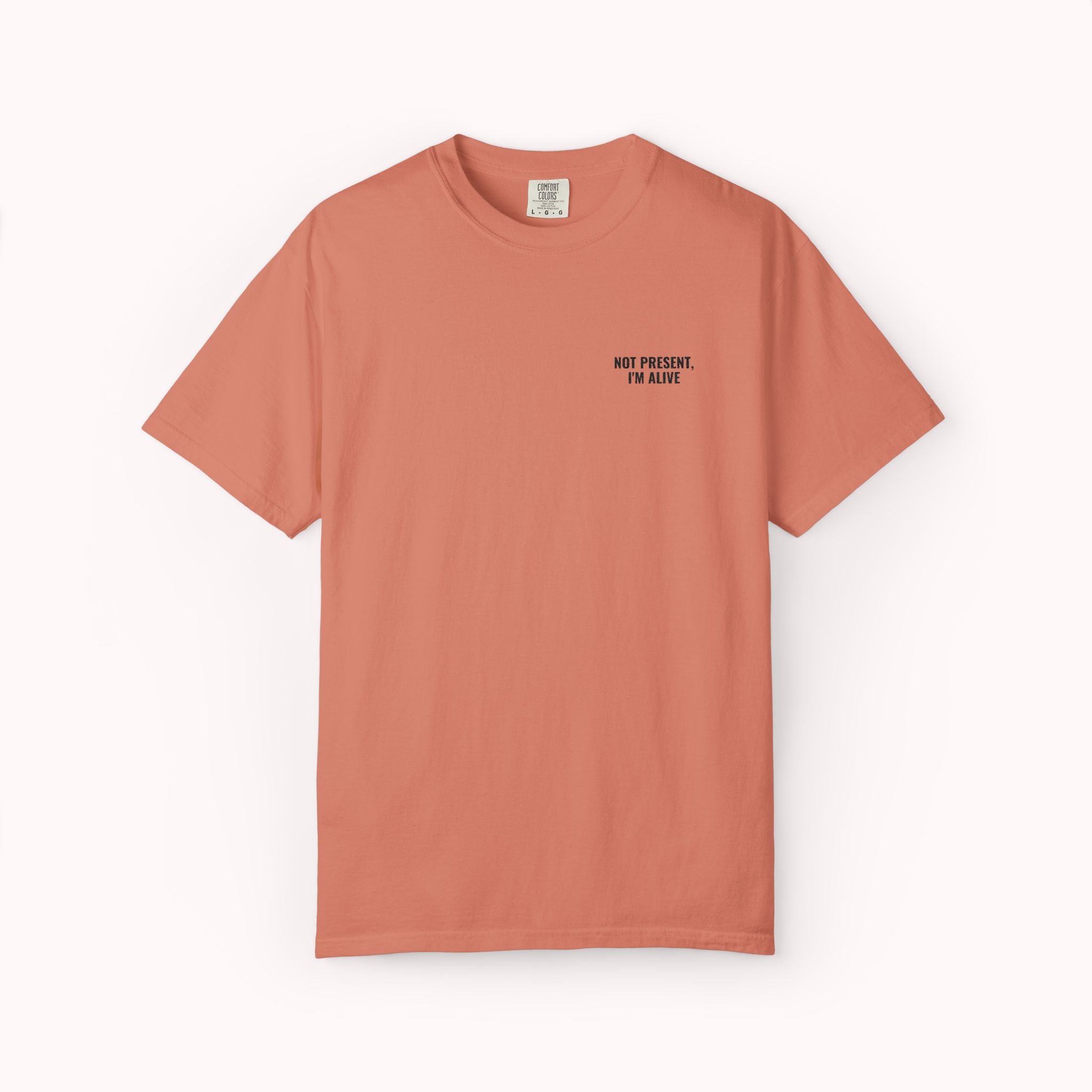 Coral t-shirt with text on a white background