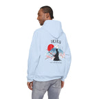 Light blue hoodie with 'IKIRU' and mountain, samurai, and blossom tree design on the back saying 'un-influenceable' against a white background