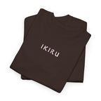 Stack of folded Brown t-shirts with 'IKIRU' text on a white background