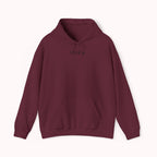 Maroon red hoodie with 'IKIRU' and mountain, samurai, and blossom tree design on the back saying 'un-influenceable' against a white background