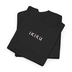 Stack of folded gray t-shirts with 'IKIRU' text on a white background