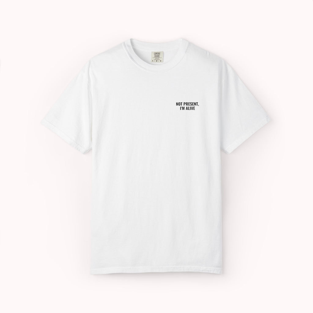 White t-shirt with black text on a white background