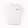 White t-shirt with black text on a white background