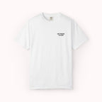 White t-shirt with black text on a white background