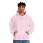 Light pink hoodie with 'IKIRU' and mountain, samurai, and blossom tree design on the back saying 'un-influenceable' against a white background